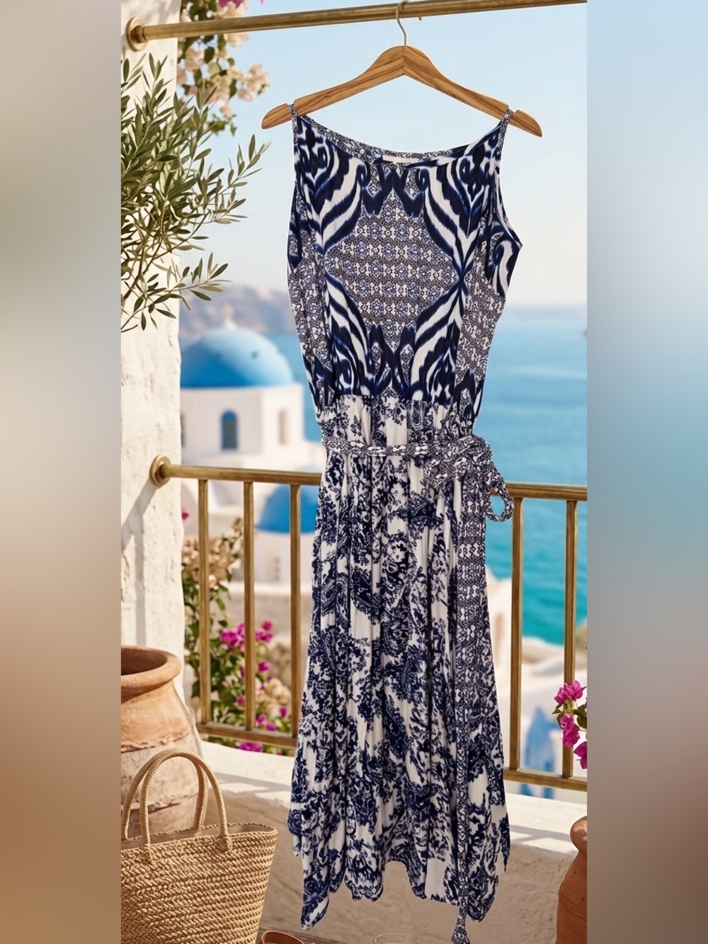 eva mendes for New York & Company Blue and White Printed Maxi Dress